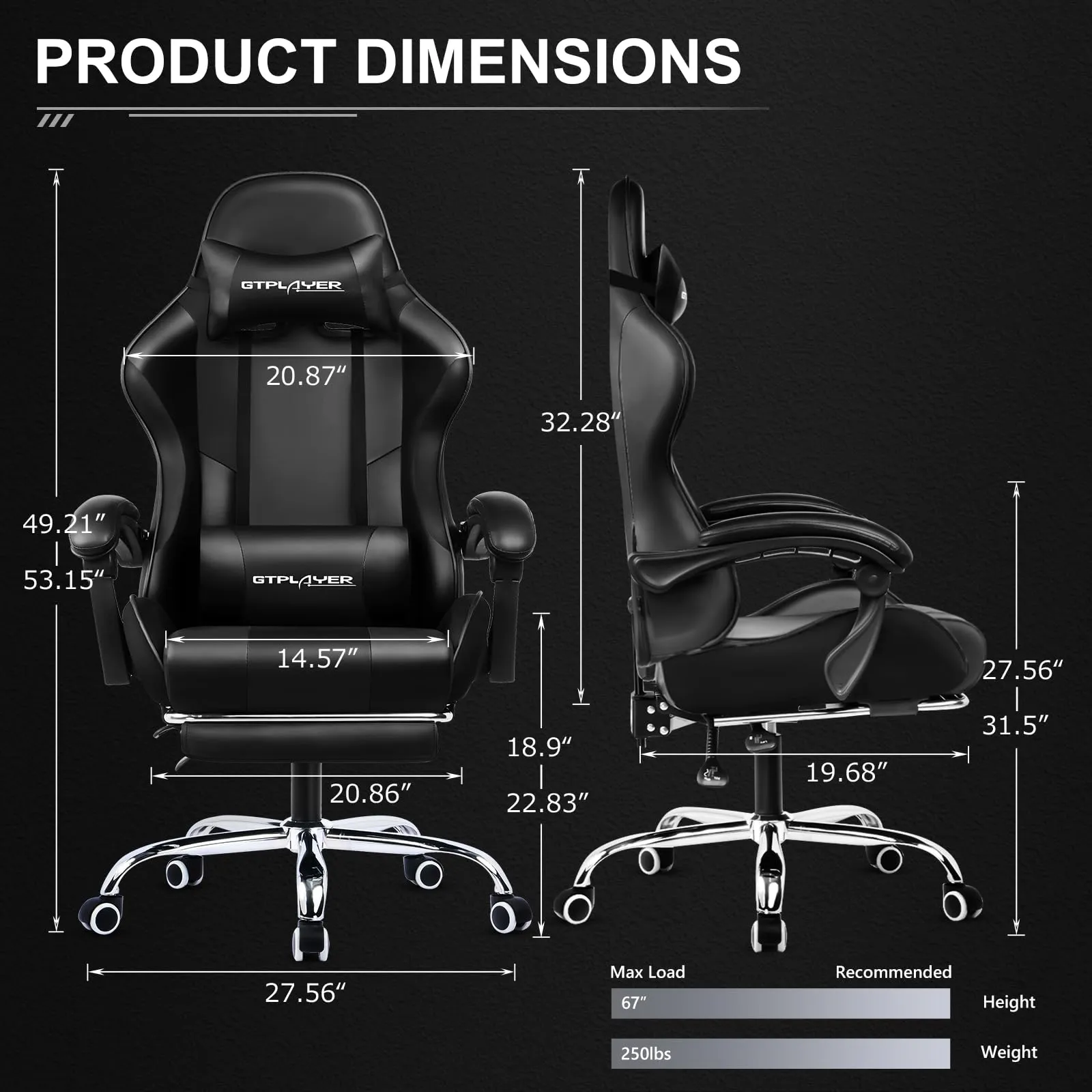 GTPLAYER Gaming Chair, Computer Chair with Footrest and Lumbar Support, Height Adjustable Game Chair with 360°-Swivel Seat and Headrest and for Office or Gaming (White)