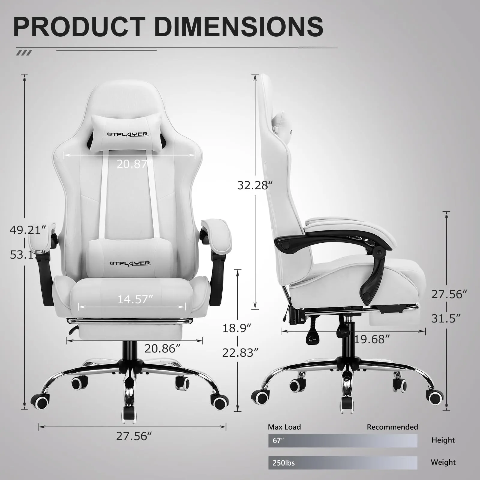 GTPLAYER Gaming Chair, Computer Chair with Footrest and Lumbar Support, Height Adjustable Game Chair with 360°-Swivel Seat and Headrest and for Office or Gaming (White)