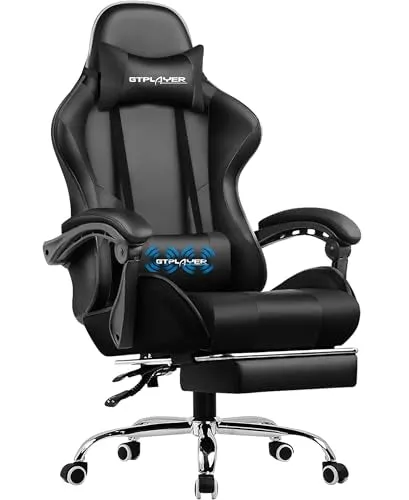 GTPLAYER Gaming Chair, Computer Chair with Footrest and Lumbar Support, Height Adjustable Game Chair with 360°-Swivel Seat and Headrest and for Office or Gaming (White)