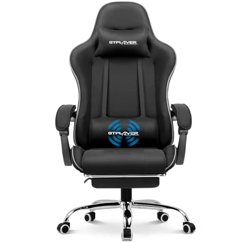 GTPLAYER Gaming Chair, Computer Chair with Footrest and Lumbar Support, Height Adjustable Game Chair with 360°-Swivel Seat and Headrest and for Office or Gaming (White)