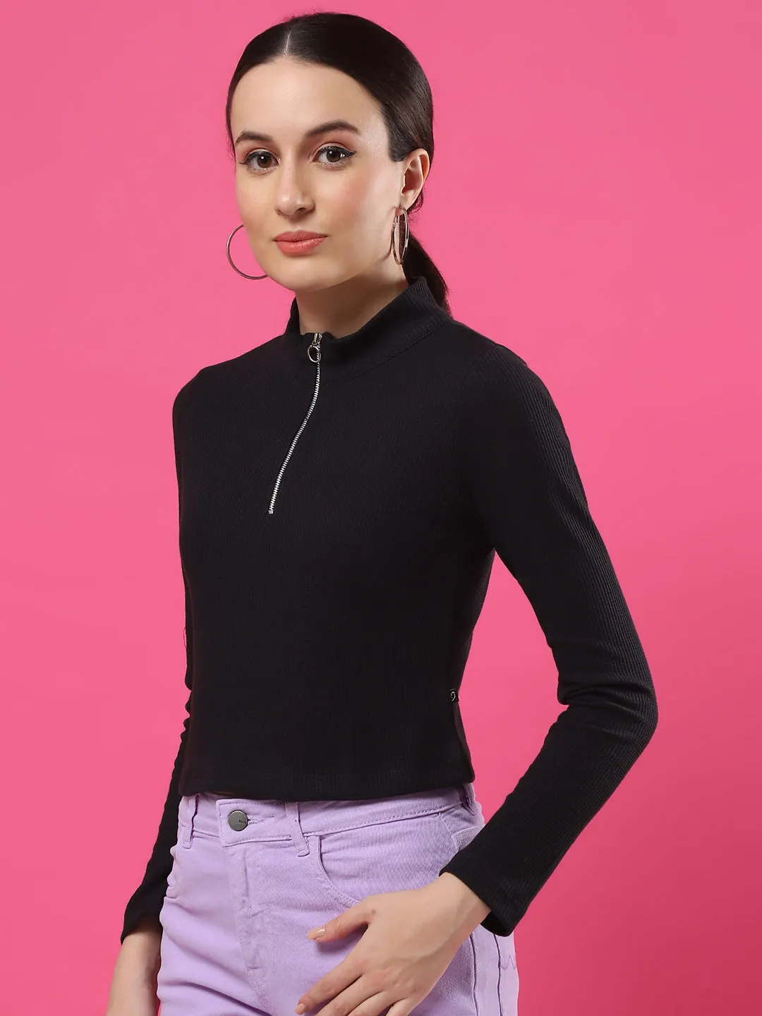 High Neck Waffle Textured Crop Top for Women