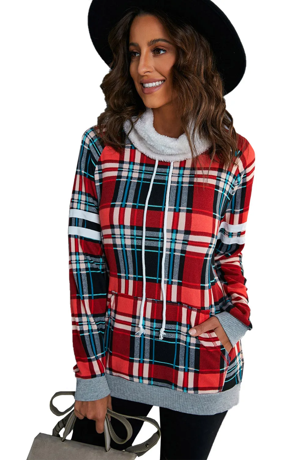 Hoodies for Women Buffalo Plaid Print Sherpa Patchwork High Neck Drawstring Sweatshirt