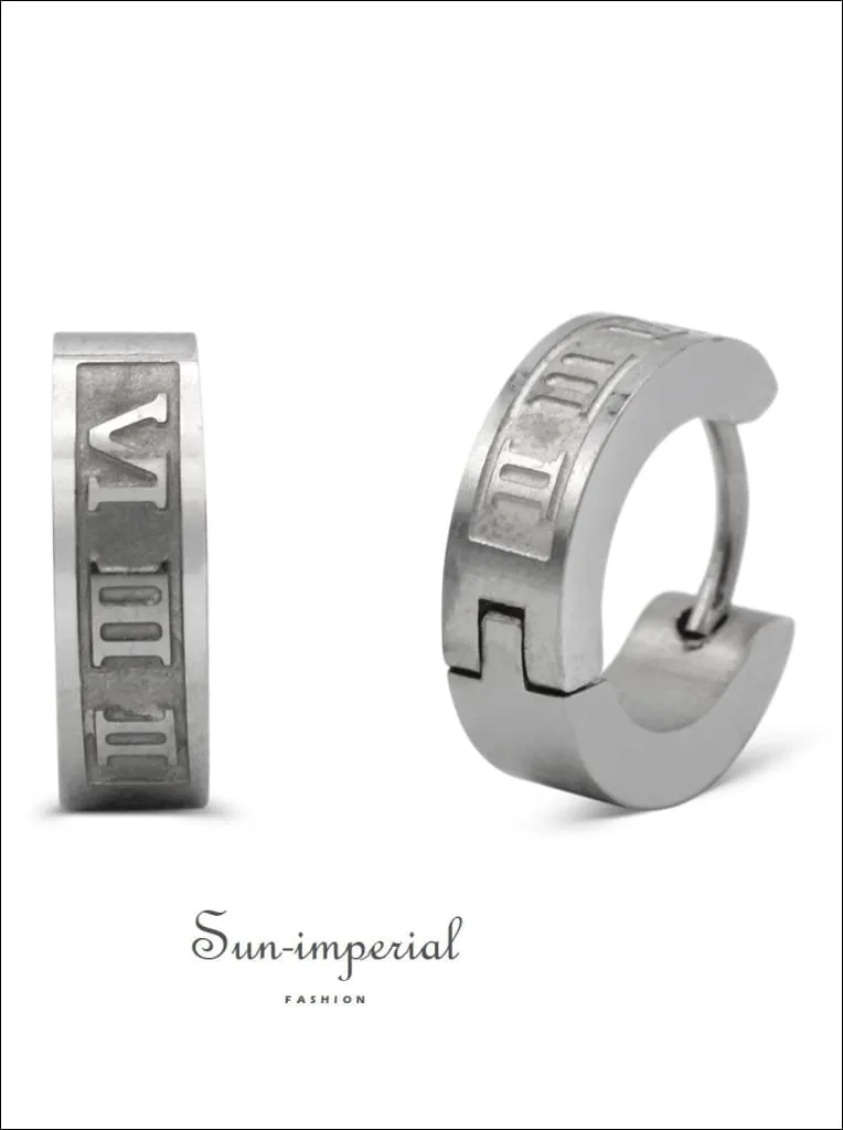 Huggie Hoop Earrings Stainless Steel Fashion Jewelry With Roman Numeral Design