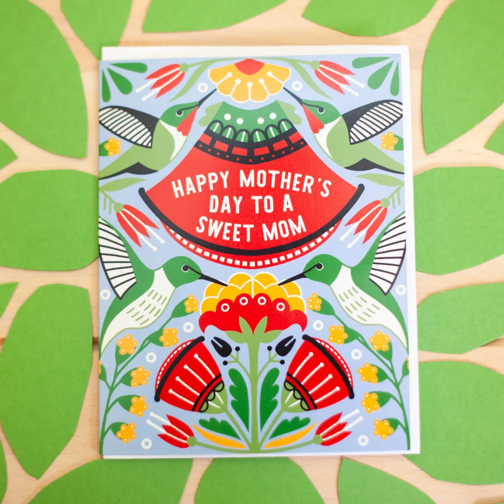 hummingbird Mother's Day card, card for mom who loves birds, spring flower Mother's Day card, folk bird mother's day card