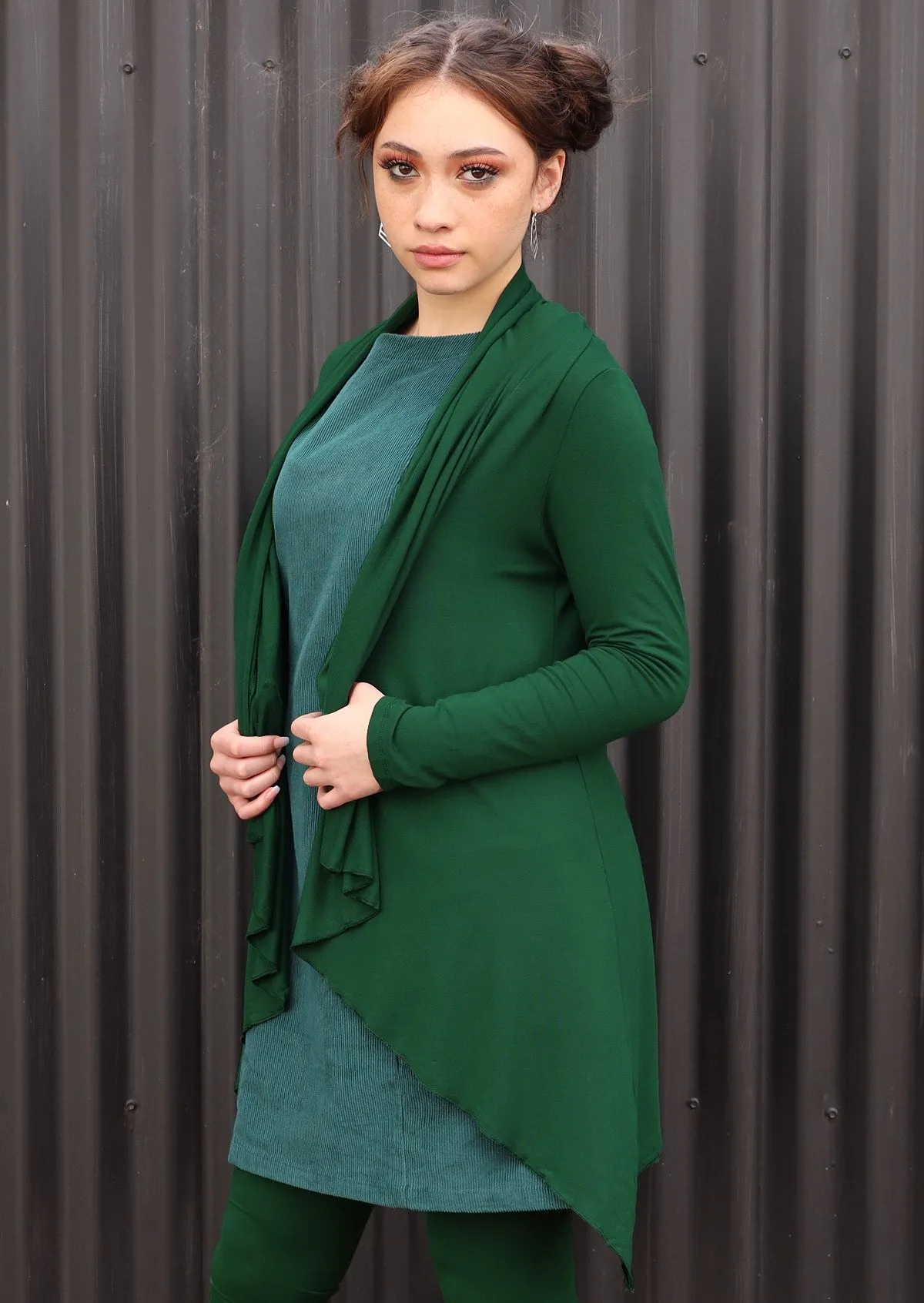 Irregular Hem Stretch Cardi Forest Green