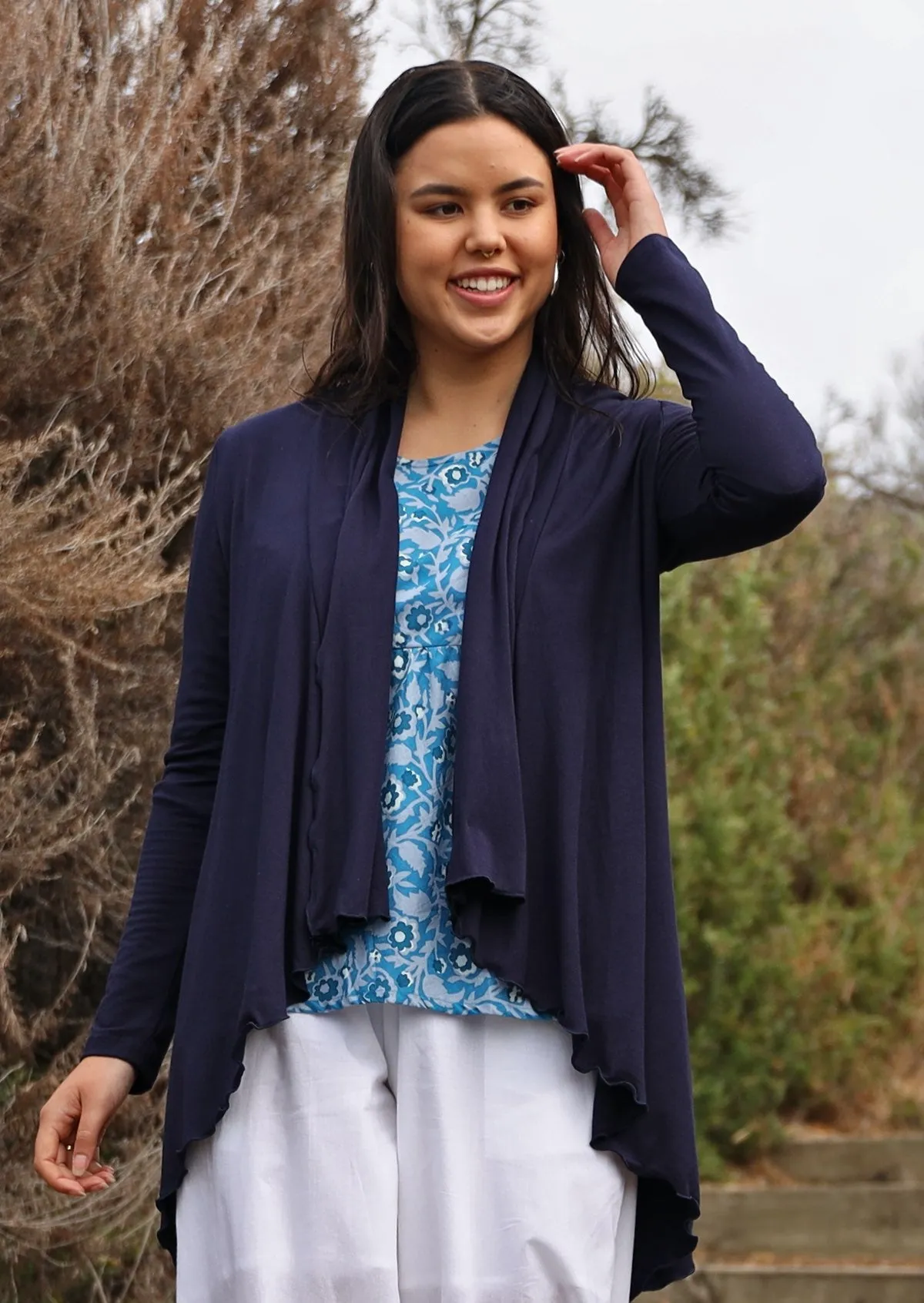 Irregular Hem Stretch Cardi Navy Blue