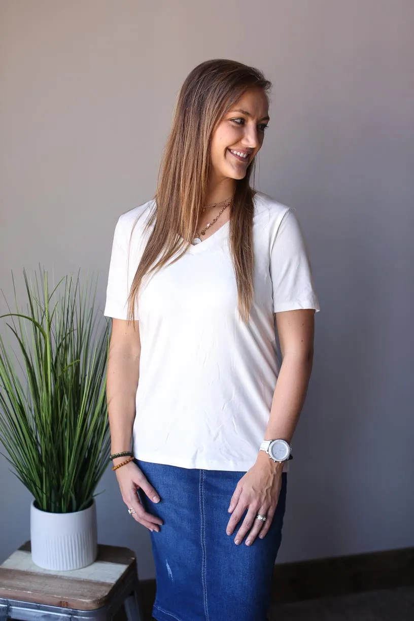 Ivory Basic V-Neck Short Sleeve Top • S-XL