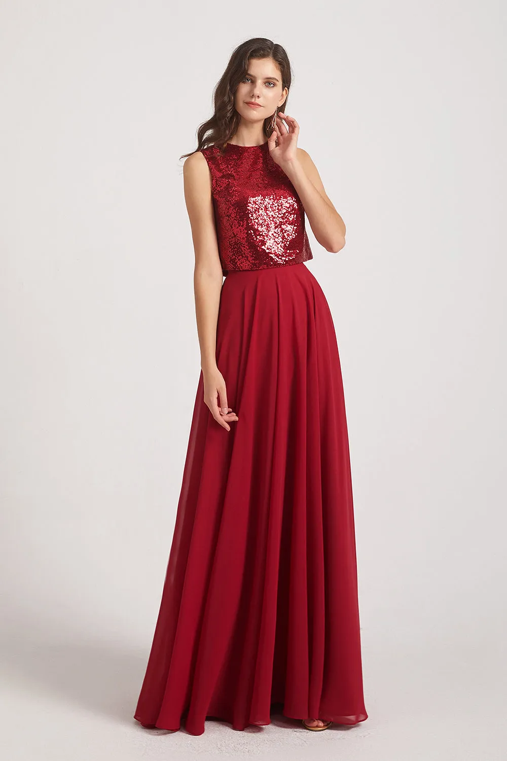 Jewel Sleeveless Sequin Top Chiffon Skirt Two Piece Prom Dresses (AF0026)