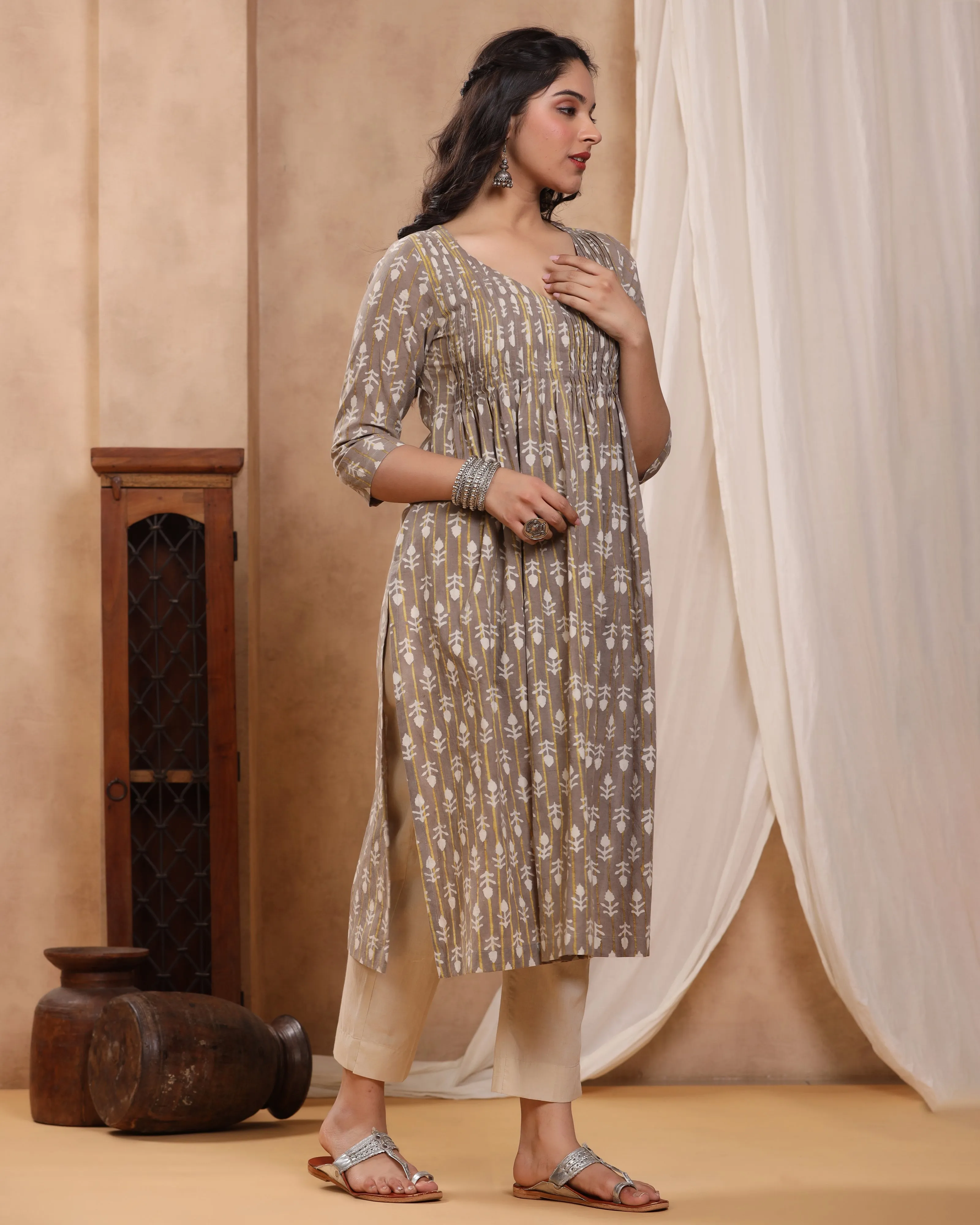 Kashish Dabu Hand Block Printed Cotton Pleated Kurti