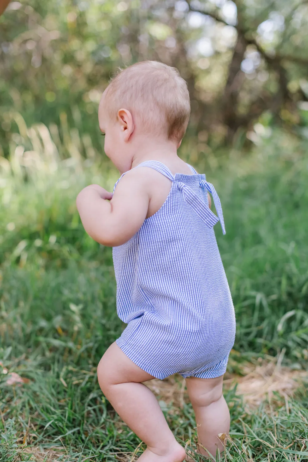 Knotted Shortall in Azure Seersucker