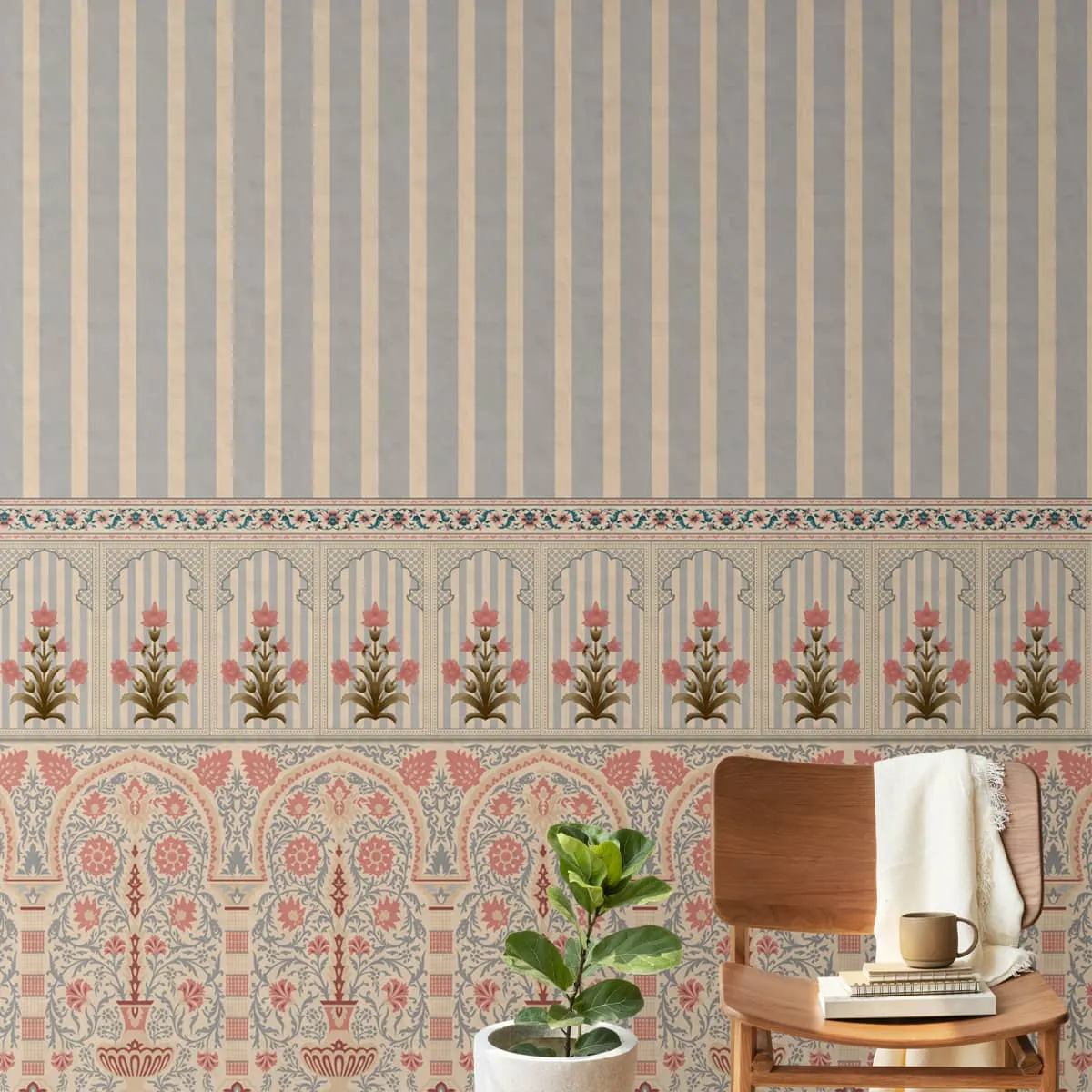 Kusum: Indian Floral Jharokha and Stripes Design Wallpaper