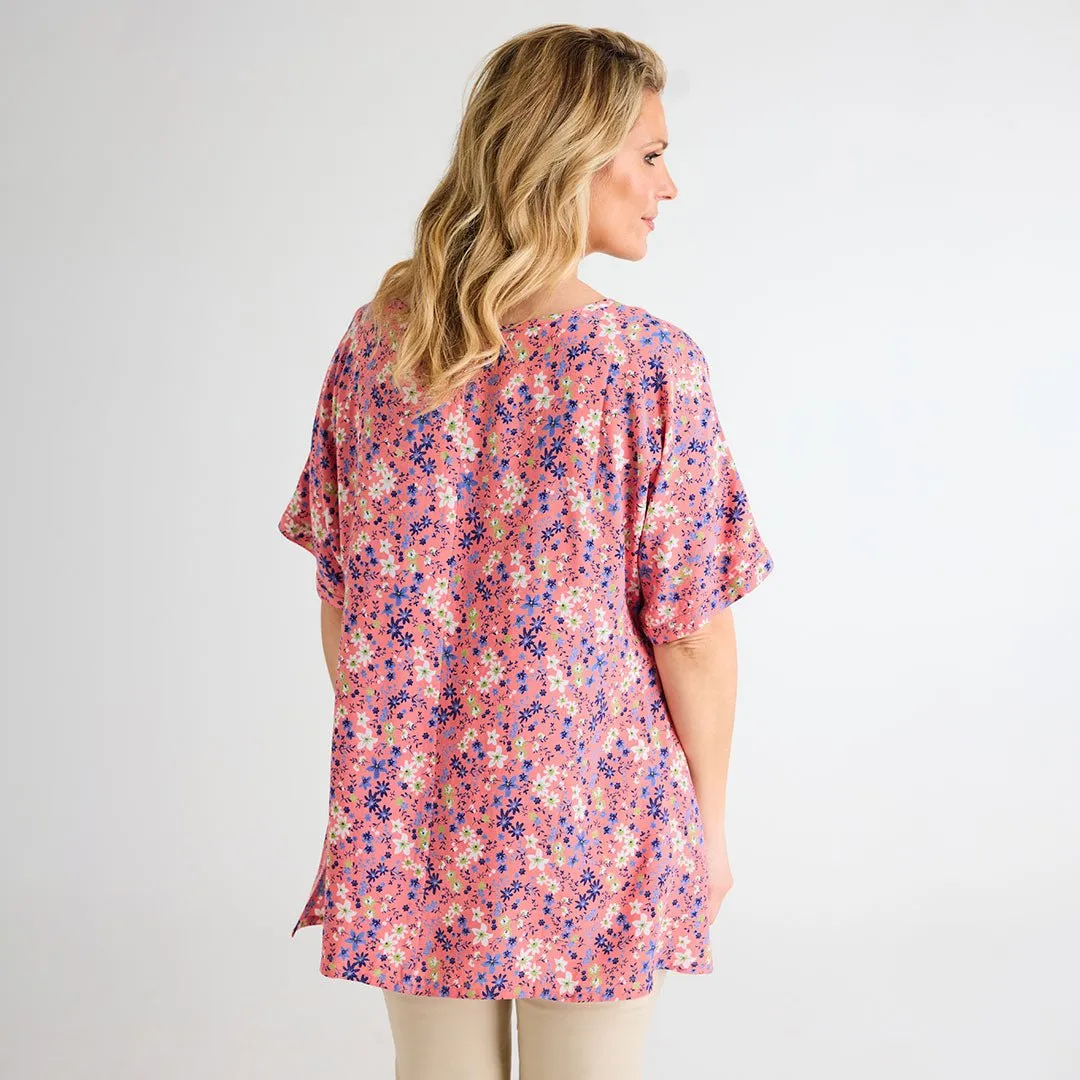 Ladies Floral Dipped Hem Top