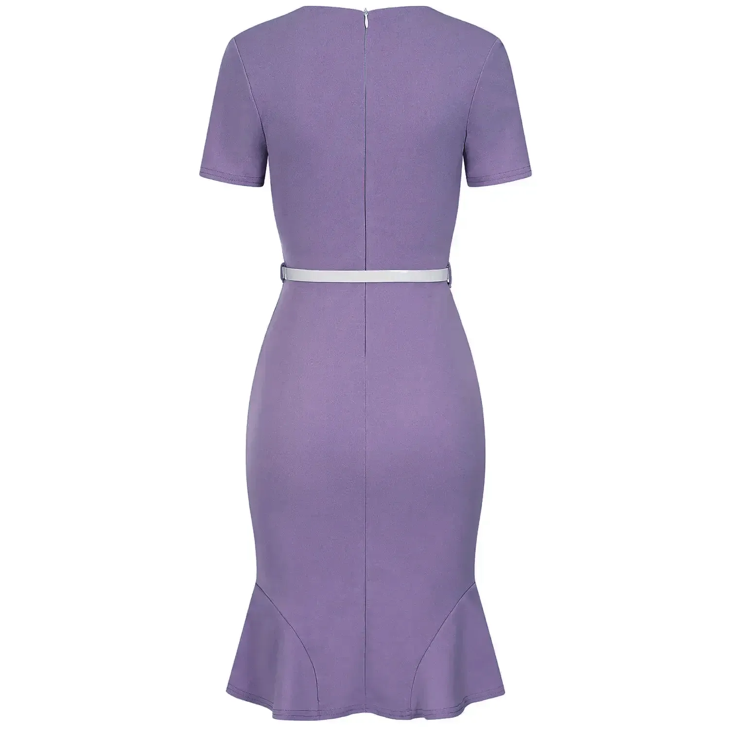 Lilac Pleated Wrap Top Short Sleeve Pencil Wiggle Dress With Fluted Hem & Belt