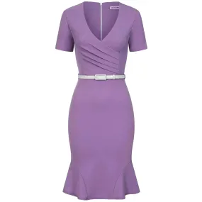 Lilac Pleated Wrap Top Short Sleeve Pencil Wiggle Dress With Fluted Hem & Belt