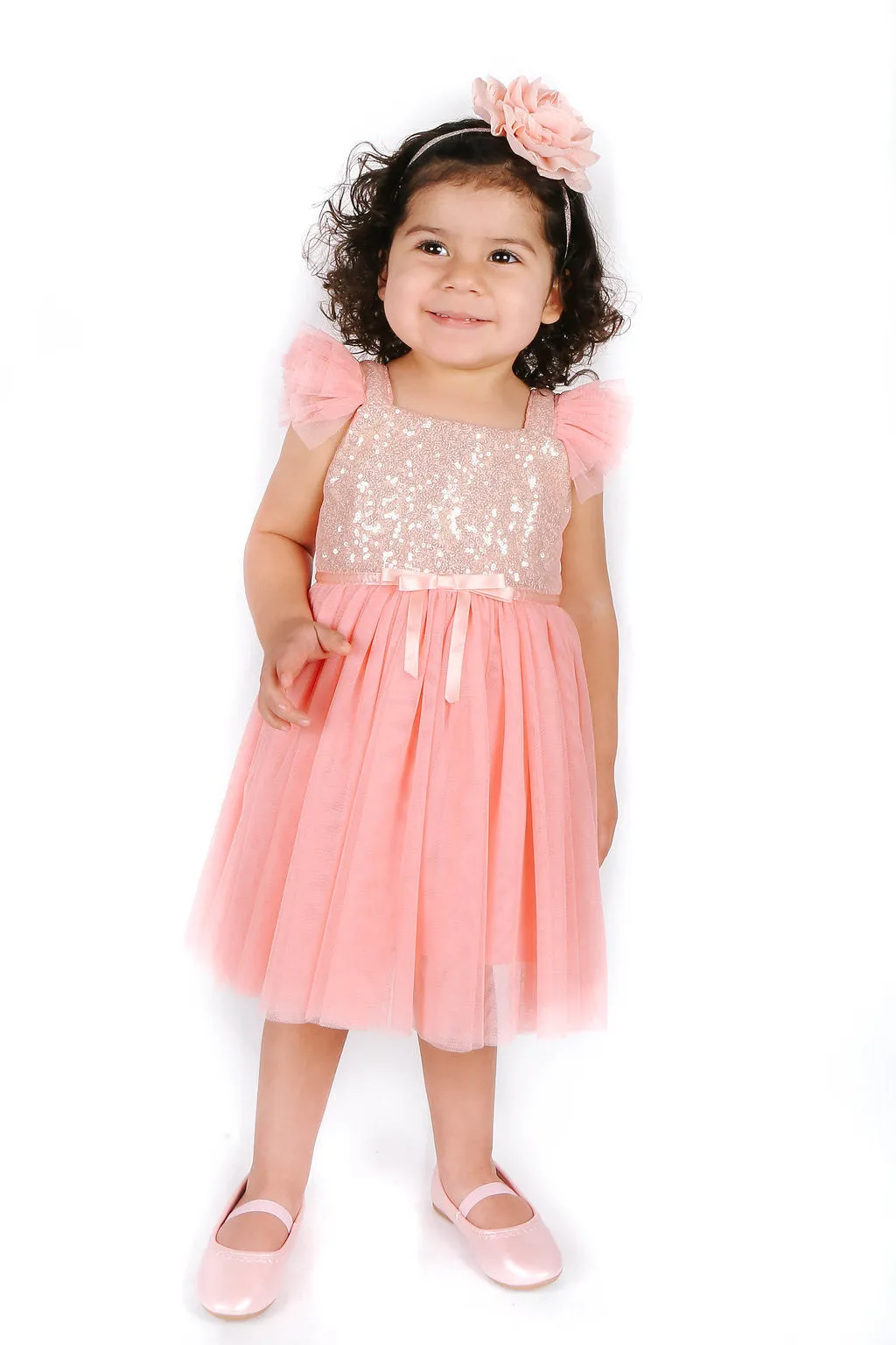 Little Girls Peach Gold Sequin Tulle Dress