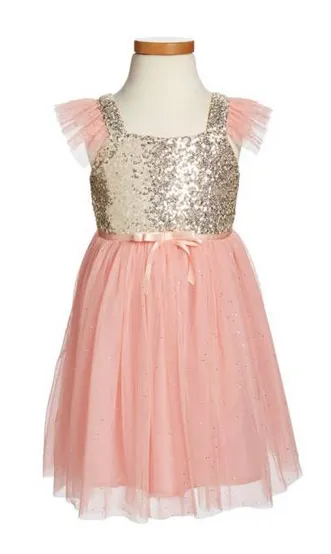 Little Girls Peach Gold Sequin Tulle Dress