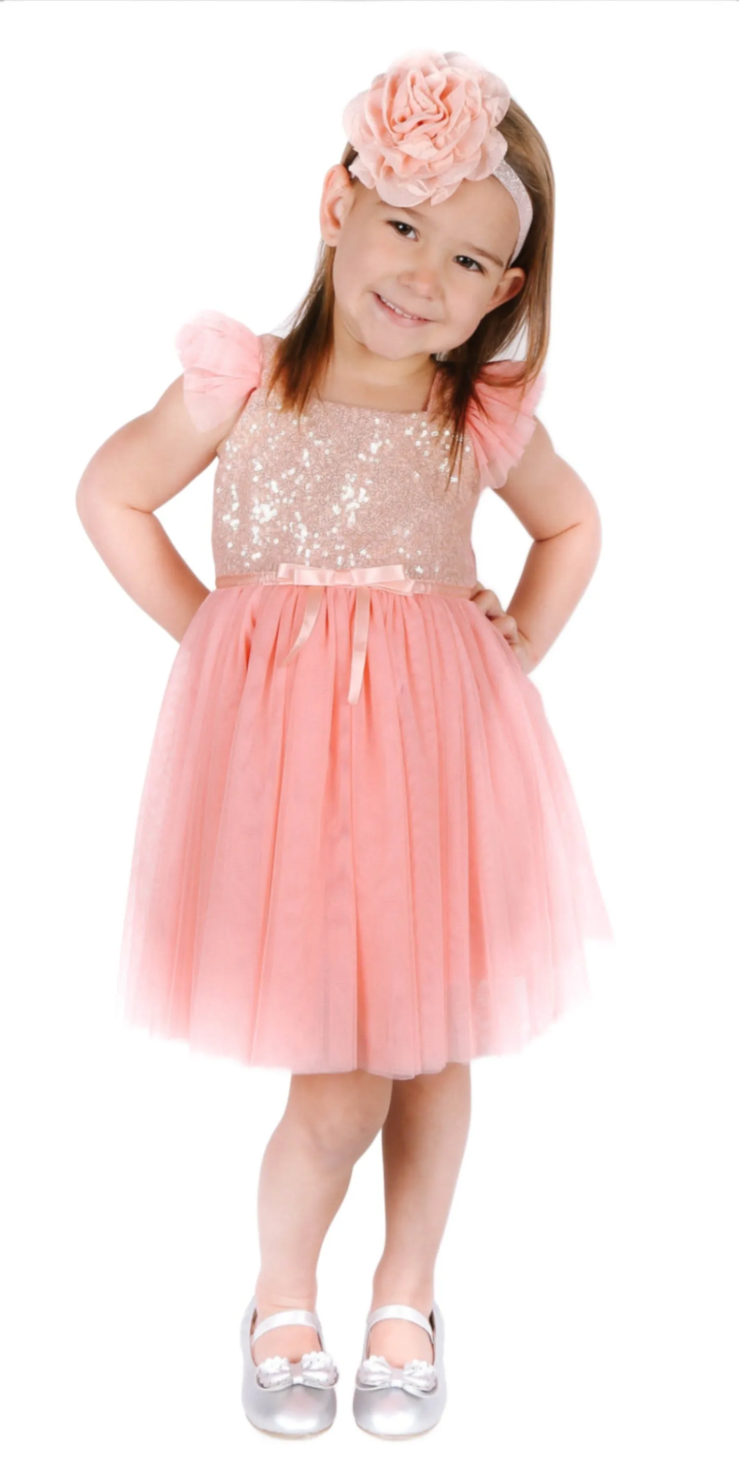 Little Girls Peach Gold Sequin Tulle Dress