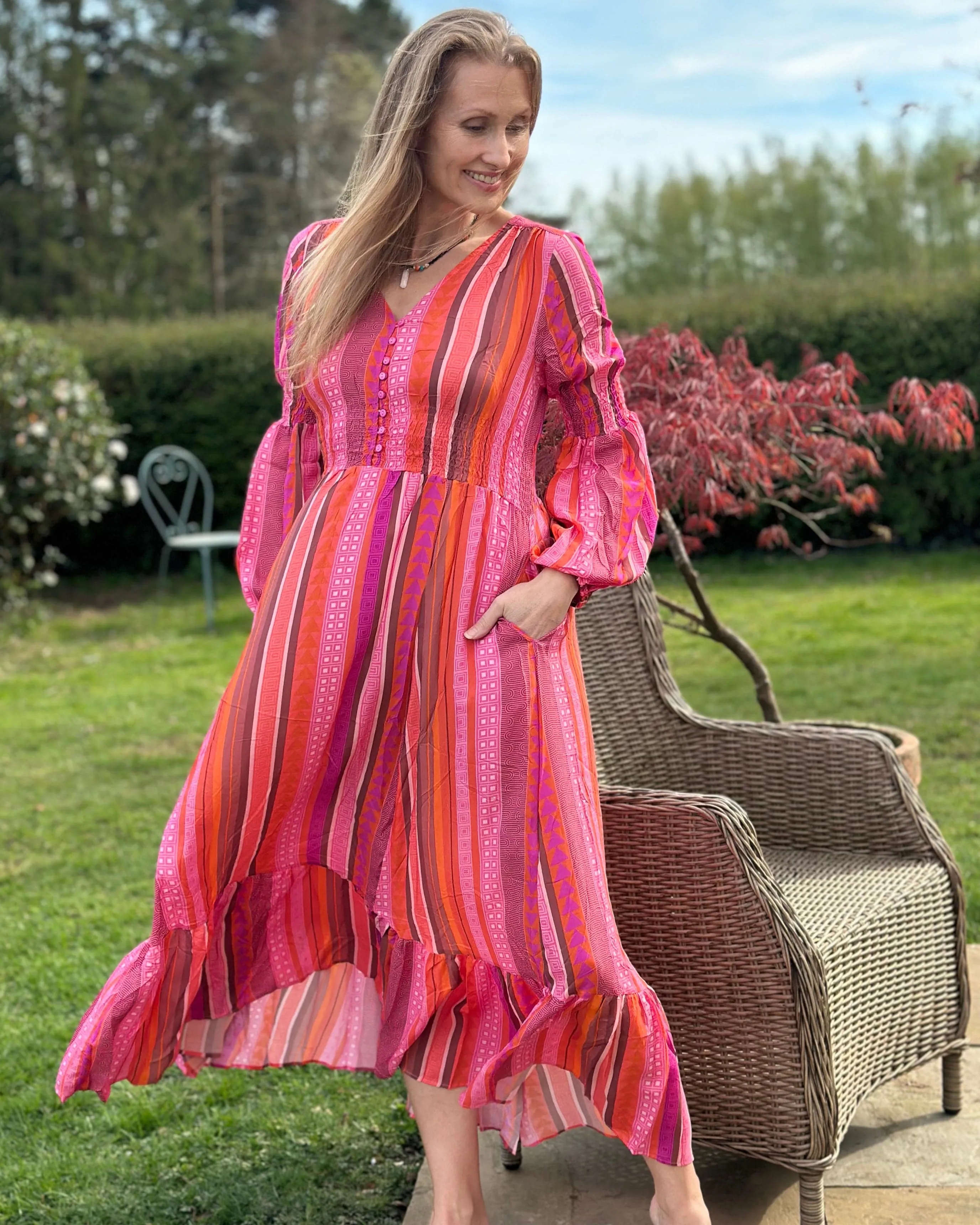 Long Ruched Bodice Striped Dress - Pinks And Orange