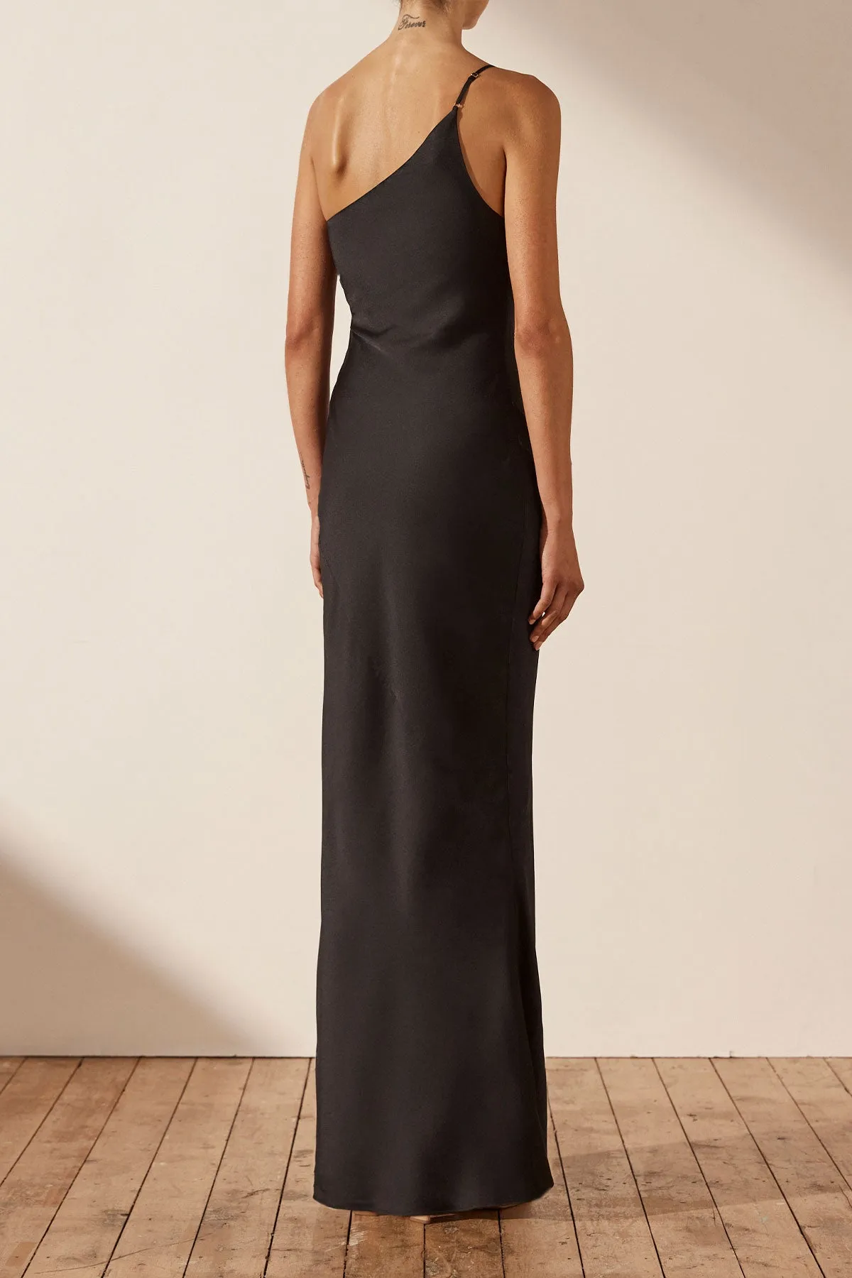 LUXE ASYMMETRICAL GATHERED MAXI DRESS - ONYX