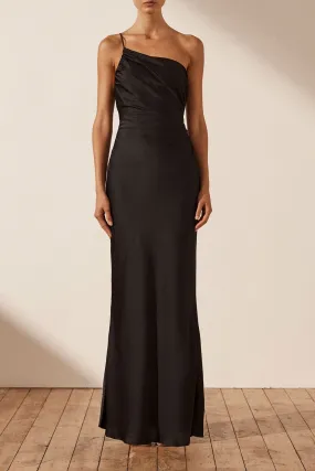 LUXE ASYMMETRICAL GATHERED MAXI DRESS - ONYX