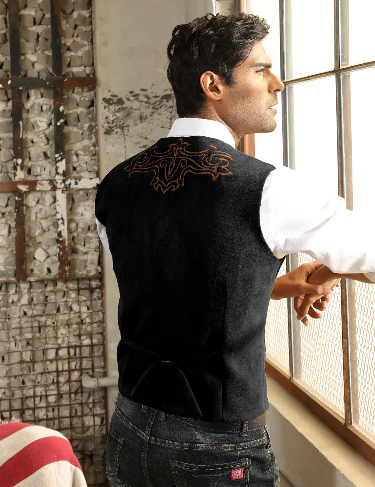 Men's Suede Leather Suit Vest Embroidery Casual Slim Fit Western Vest Waistcoats