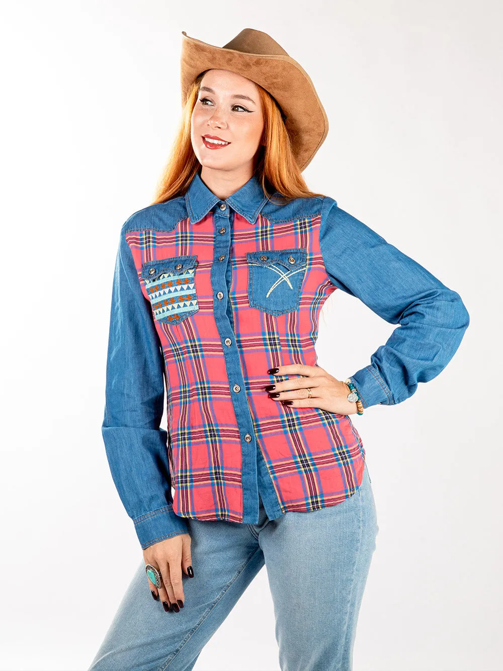 Montana West Women Patchwork Plaid Long Sleeve Chambray Shirt MW-S1003 (Prepack 7 Pcs)