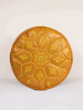 Moroccan Leather Tile Pouffe, Mustard