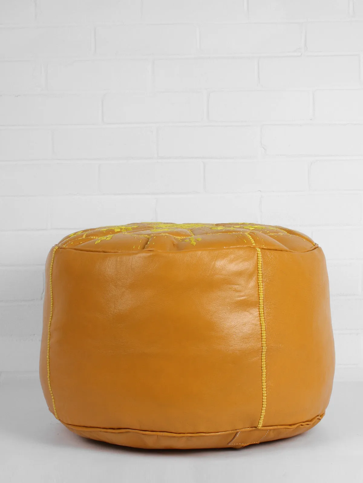 Moroccan Leather Tile Pouffe, Mustard