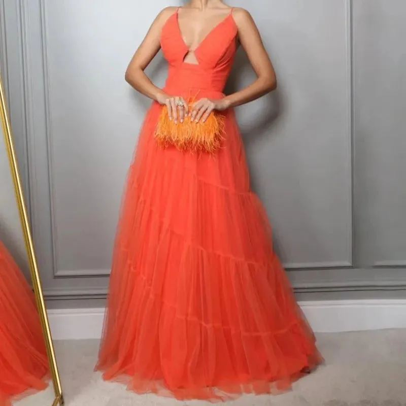 Orange Tulle V Neck Spaghetti Straps Evening Formal Gown