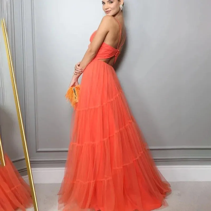 Orange Tulle V Neck Spaghetti Straps Evening Formal Gown