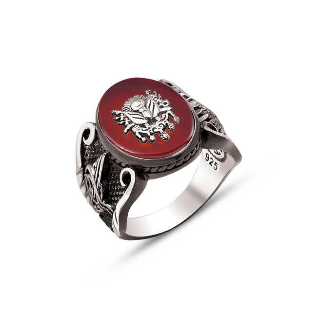 Ottoman Coat of Arms on Red Agate Stone Small Ellipse Silver Men’s Ring Siding Silver Ottoman Coat of Arms