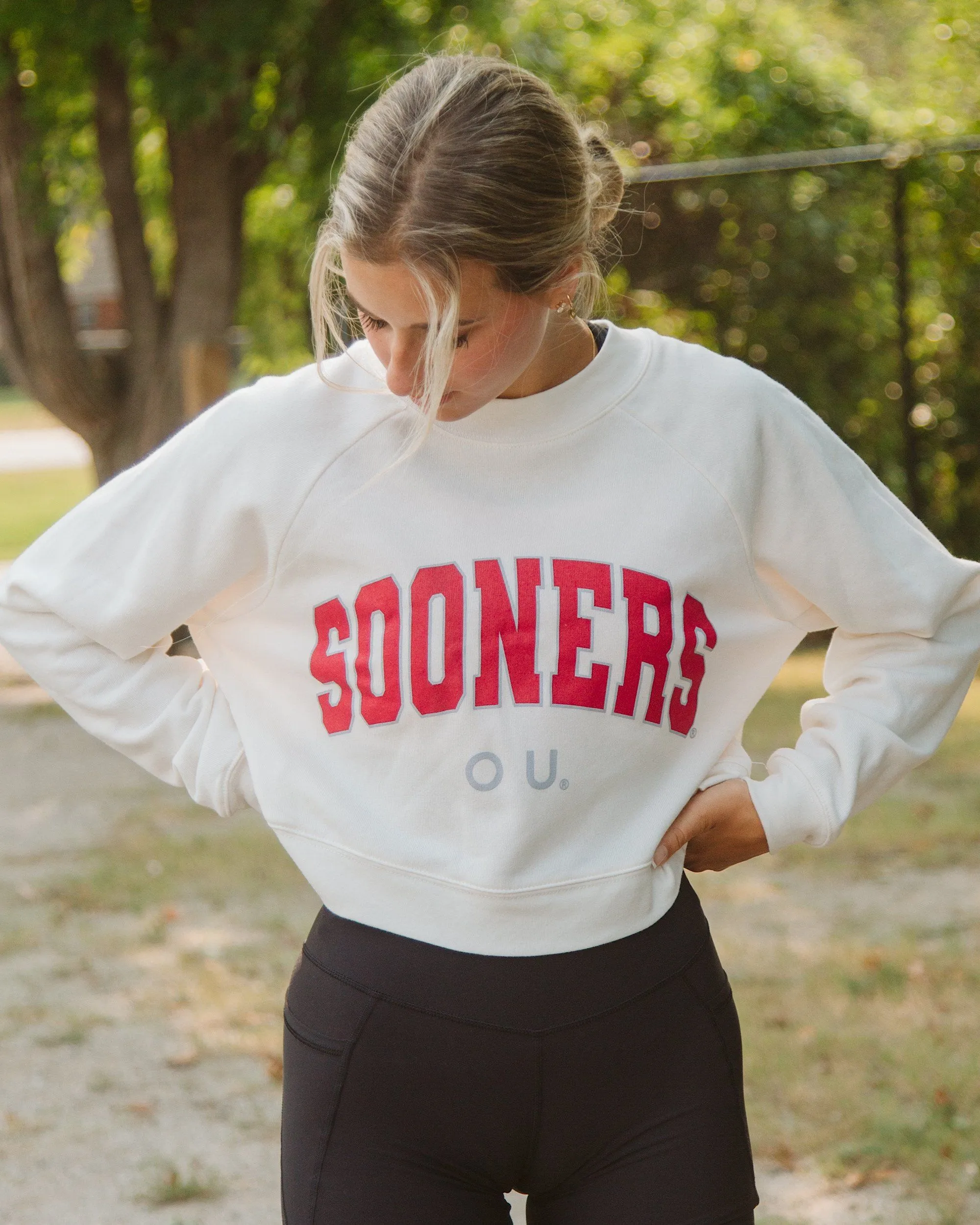 OU Filled Gault Off White Cropped Raglan Sweatshirt