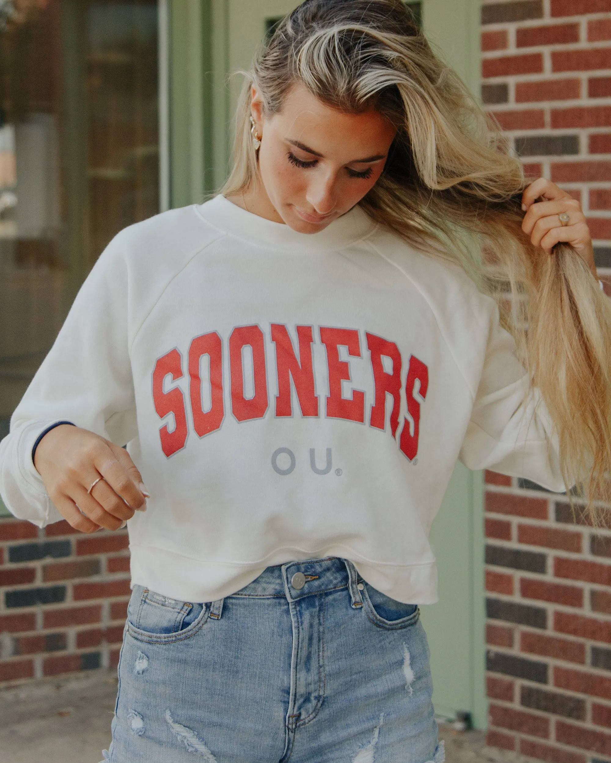 OU Filled Gault Off White Cropped Raglan Sweatshirt