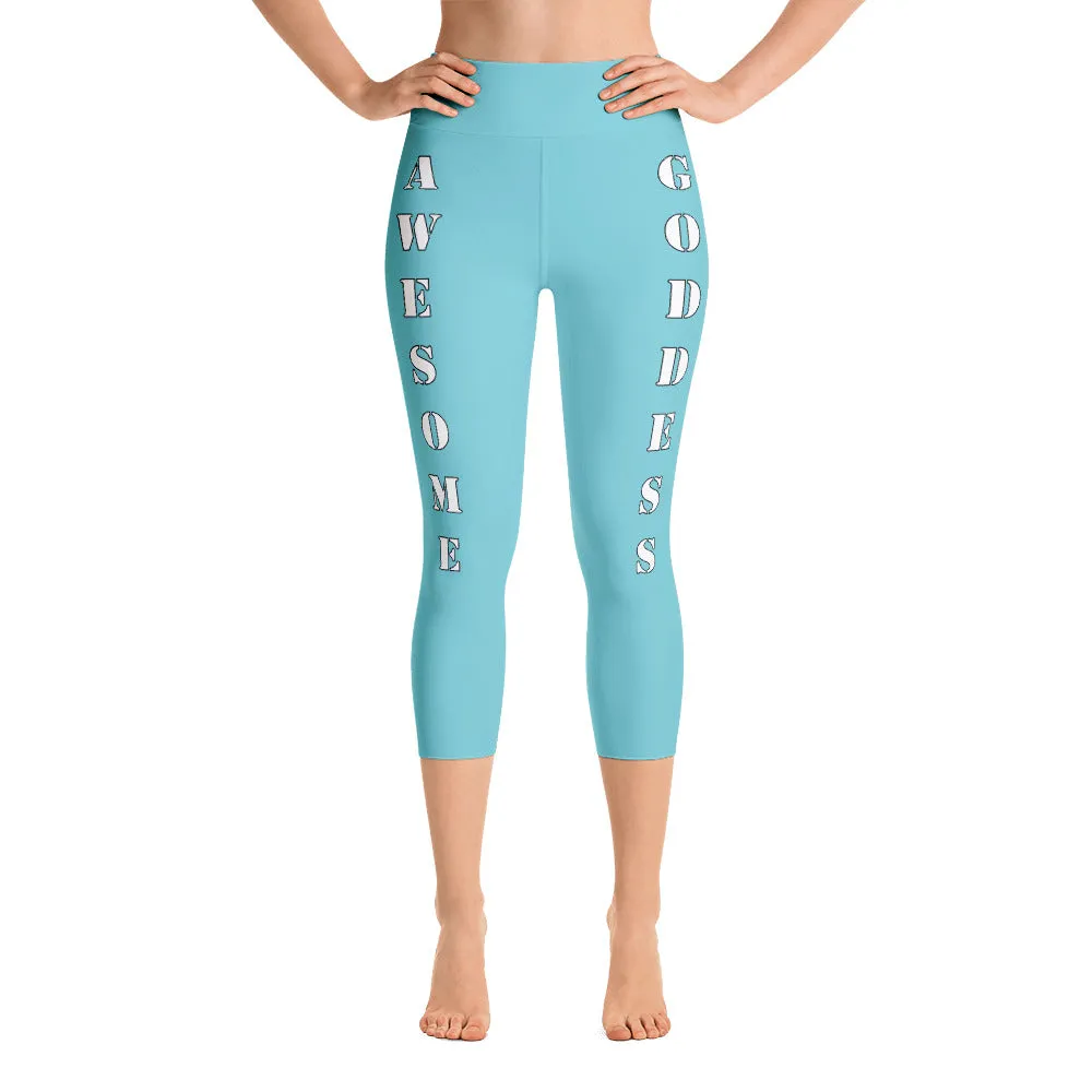 Our best viral leggings robin egg blue awesome goddess white letters