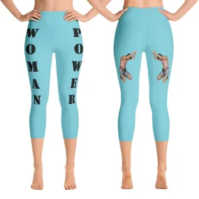 Our best viral leggings robin egg blue woman power black letters