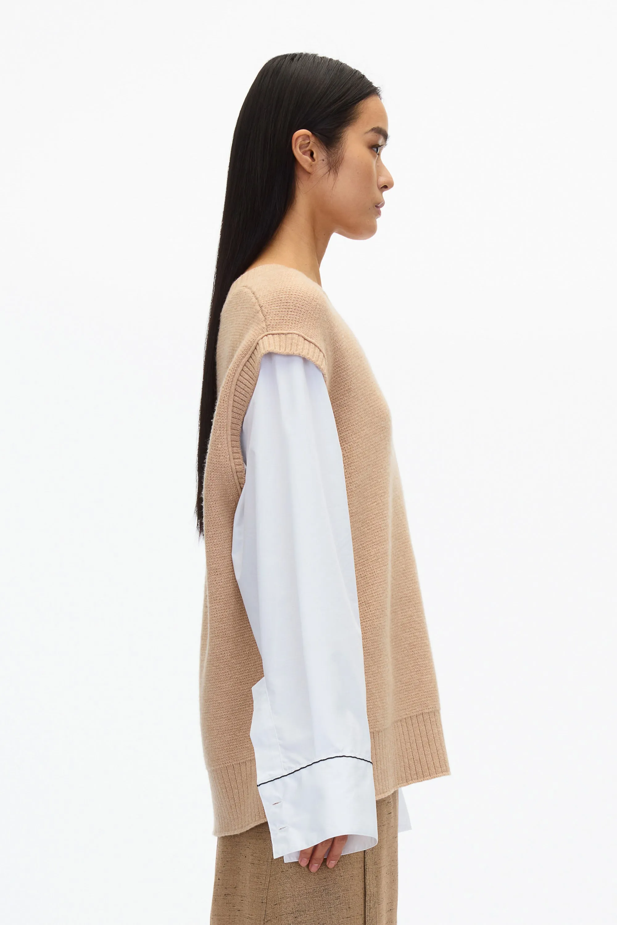 Oversized Knit Vest with Poplin Sleeves