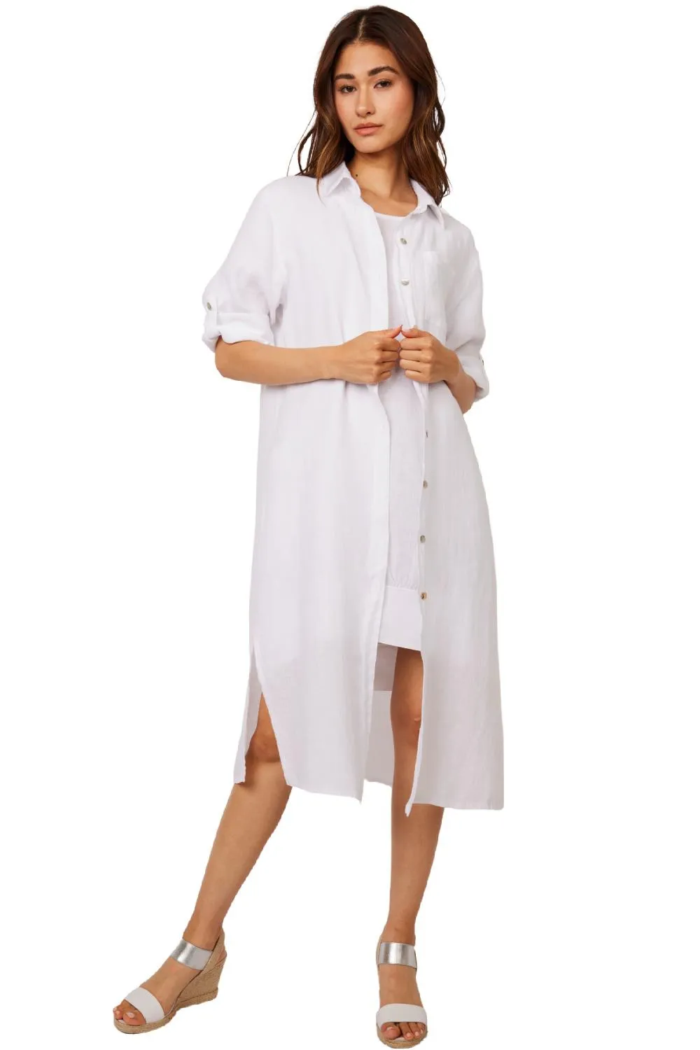 Pistache Maxi Linen Blouse Dress, White (N2898)