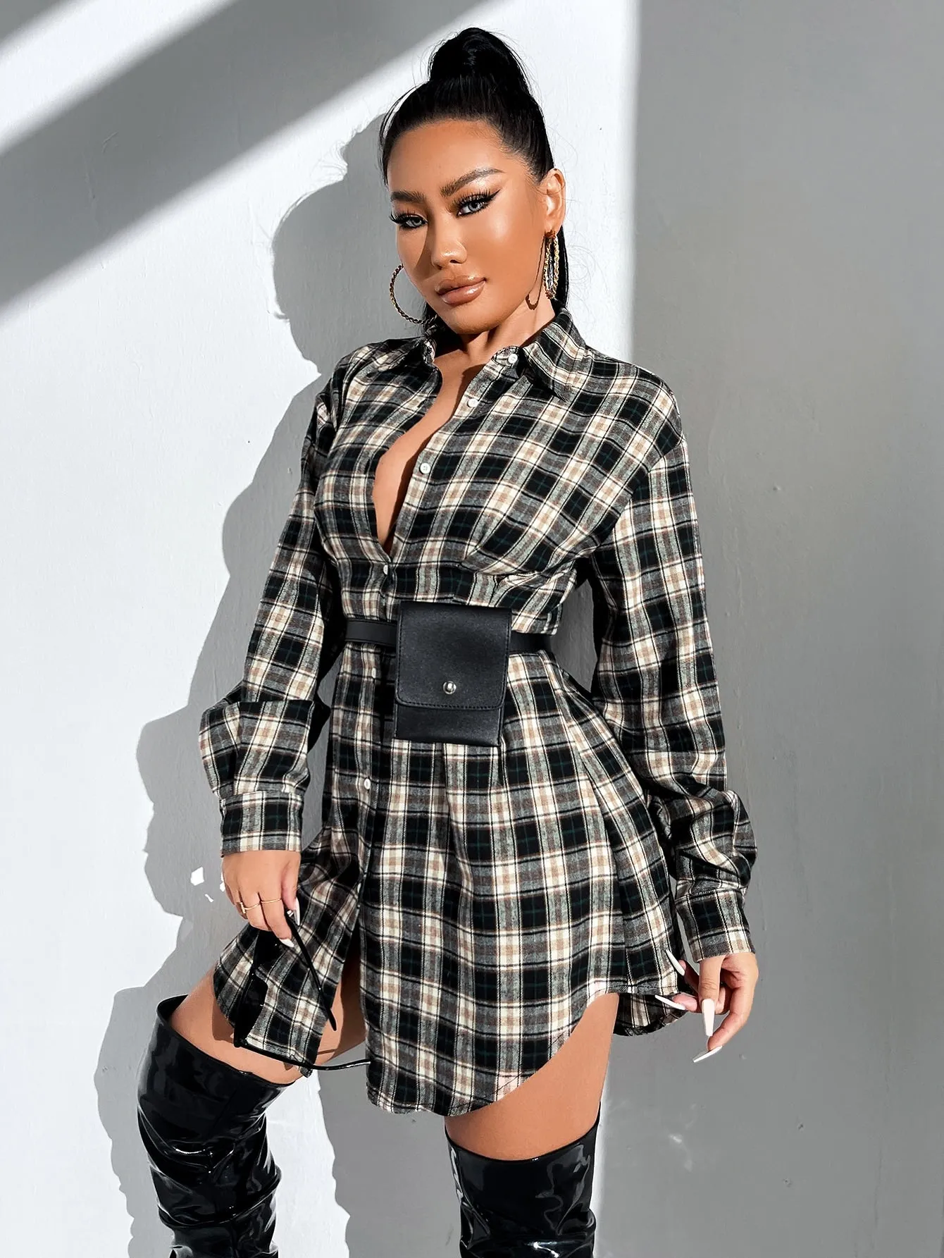 Plaid Print Drop Shoulder Shirt Dress Without Bag