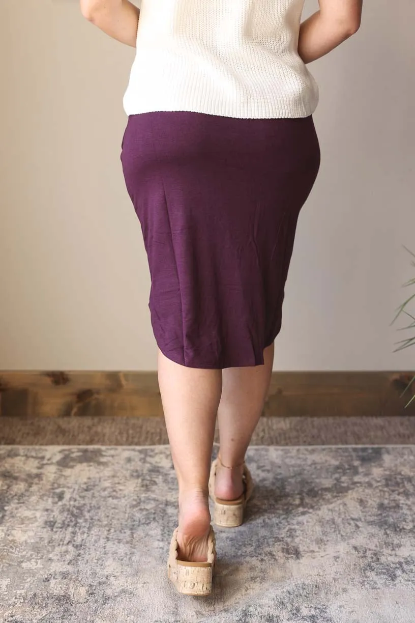 Plum Drawstring Waist Knit Pocket Midi Skirt