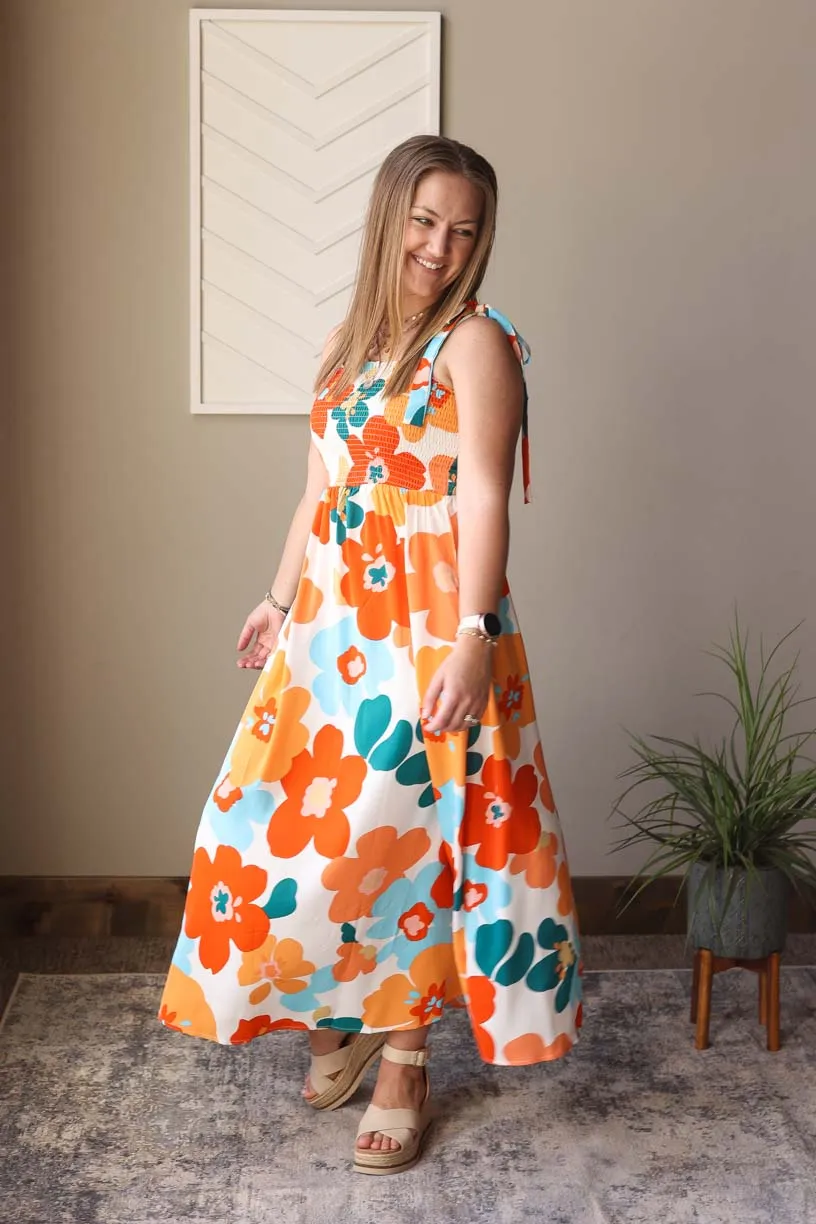 PRE-ORDER Summer Floral Self-Tie Smocked Maxi Dress