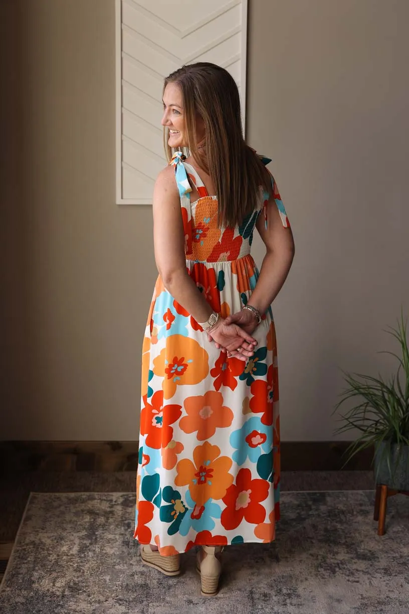 PRE-ORDER Summer Floral Self-Tie Smocked Maxi Dress