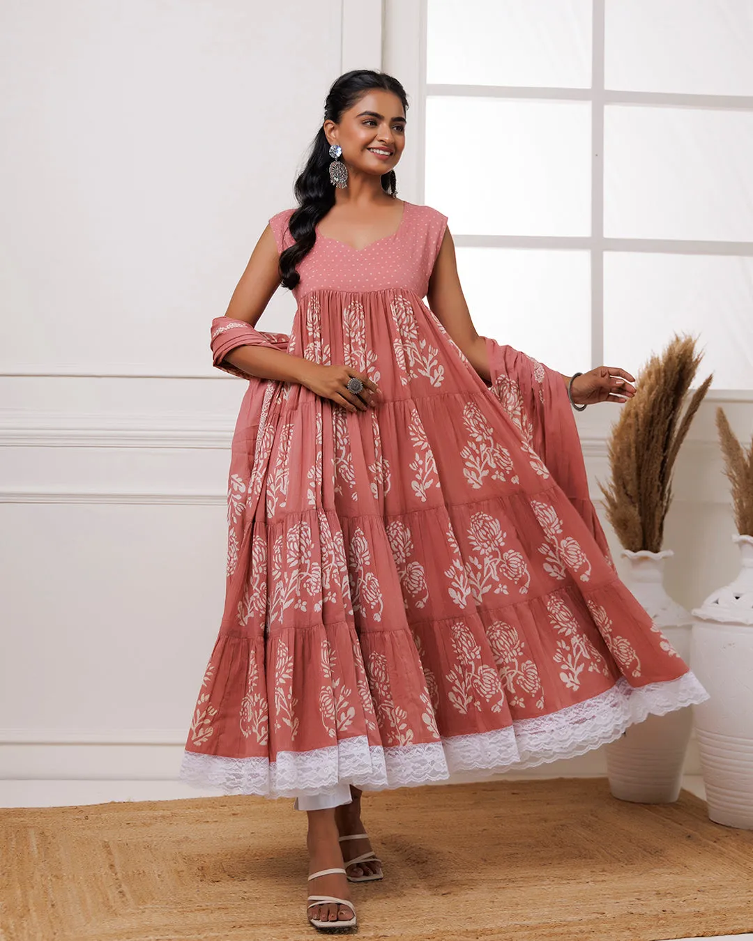 Qala Coral Hand Block Printed Anarkali Suit Set