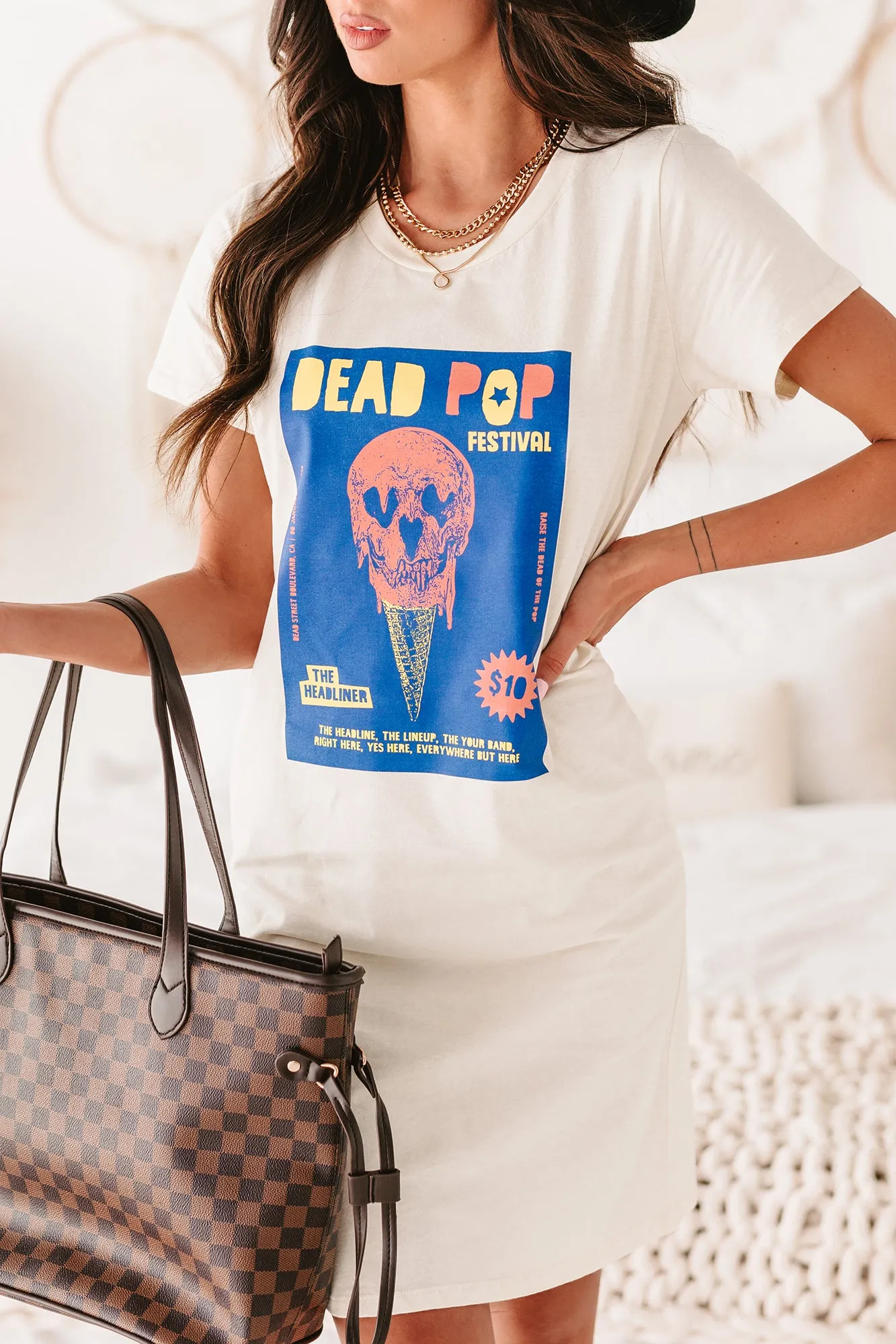 "Dead Pop Festival" Skull Poster Graphic T-Shirt Dress (Cream) - Print On Demand