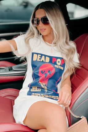 "Dead Pop Festival" Skull Poster Graphic T-Shirt Dress (Cream) - Print On Demand