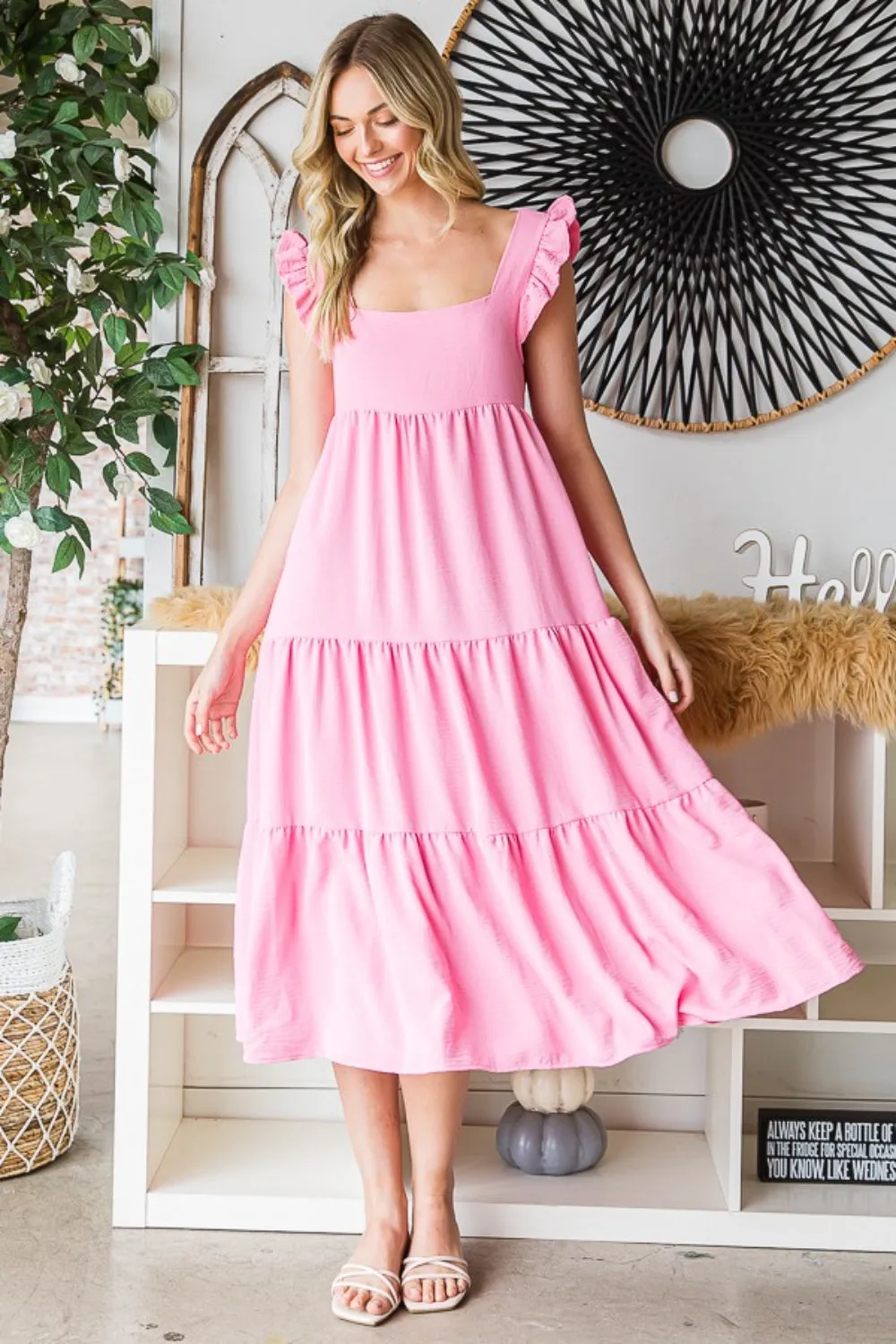 Reborn J Ruffled Sleeveless Tiered Midi Dress