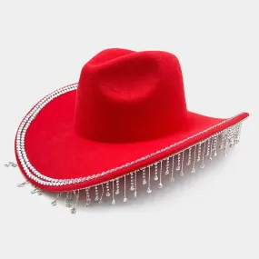 Red Rhinestone Stone Paved Fringe Around Cowboy Western Hat