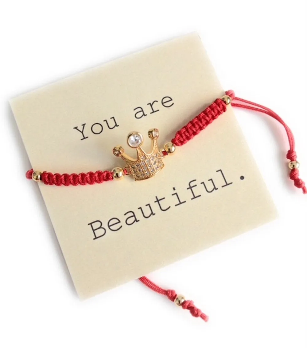 Red String Crown Bracelet, Friendship Bracelet, Princess Crown Jewelry, Trendy Crown Bracelet, Cubic Zirconia Crown Charm, Red Royal Jewelry