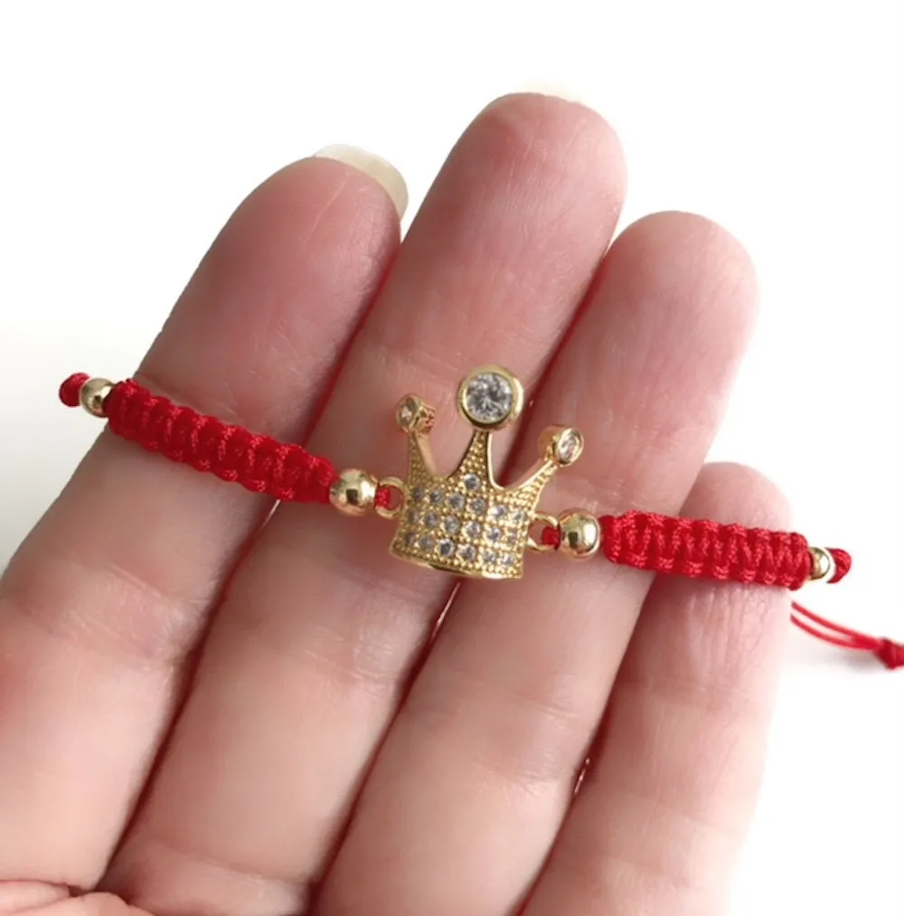 Red String Crown Bracelet, Friendship Bracelet, Princess Crown Jewelry, Trendy Crown Bracelet, Cubic Zirconia Crown Charm, Red Royal Jewelry