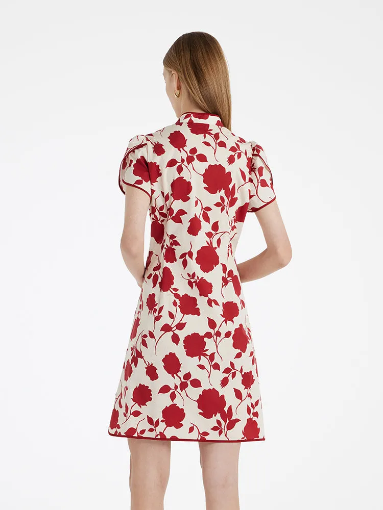 Rose Printed Mandarin Collared Women Qipao Mini Dress