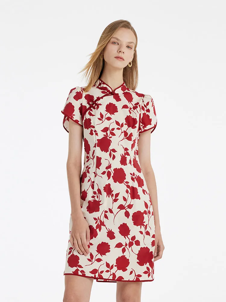 Rose Printed Mandarin Collared Women Qipao Mini Dress